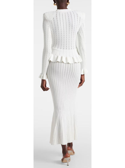 Knit Peplum White Button-Down Midi Dress - Branna Couture