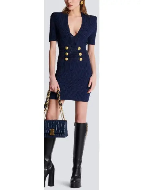 Knit Structured V-Neck Dress - Branna Couture