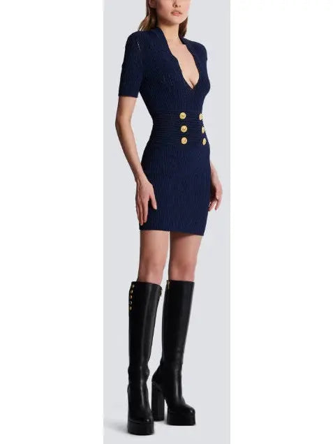 Knit Structured V-Neck Dress - Branna Couture