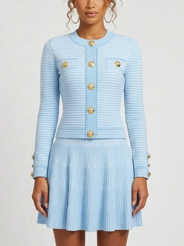 Knit Buttoned Top and Pleated Skirt Set in Light Blue - S - Suits & Sets