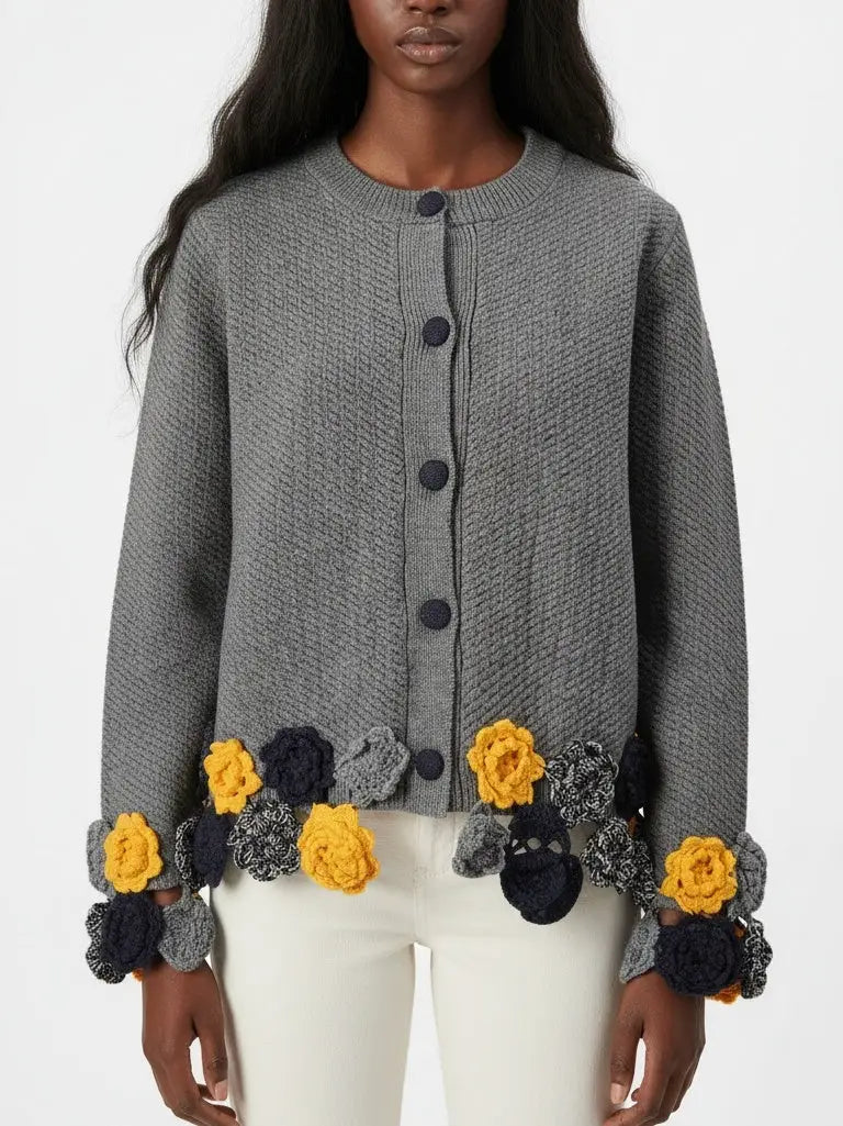 Knit Cardigan with Crocheted Floral Trim - Small - Sweaters & Knitwear