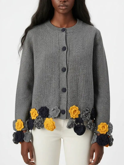 Knit Cardigan with Crocheted Floral Trim - Small - Sweaters & Knitwear