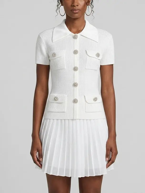 Buttoned Tweed 4-Pocket Cardigan Jacket in White with Matching Mini Skirt - Small - Suits & Sets