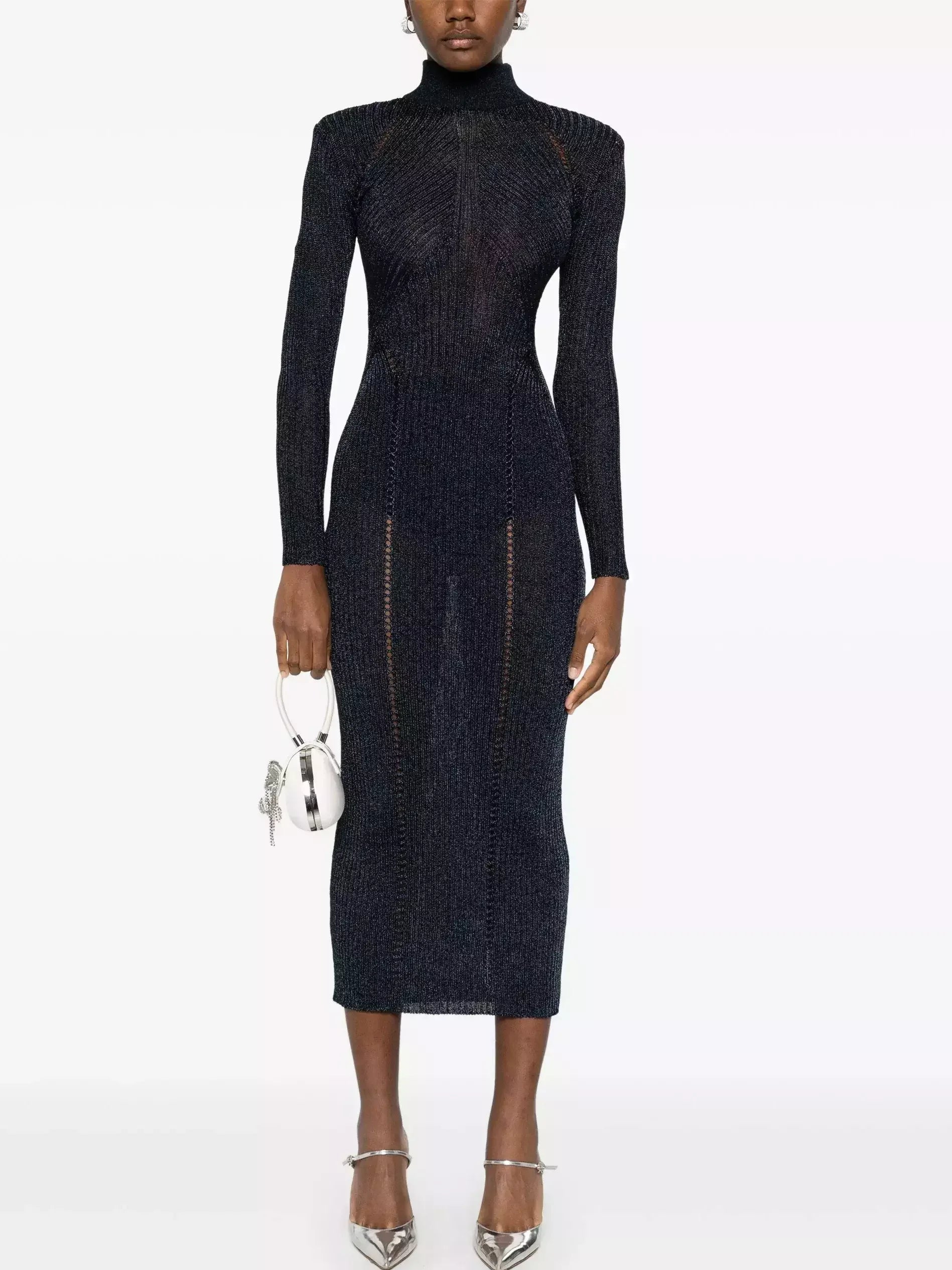 Knit Long-Sleeve High-Neck Sheath Dress - Small / Navy - Dresses