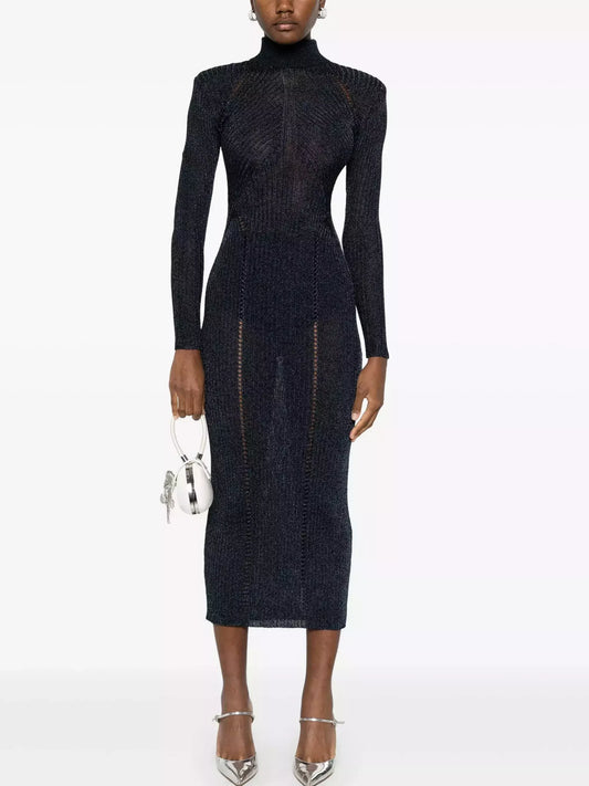 Knit Long-Sleeve High-Neck Sheath Dress - Small / Navy - Dresses