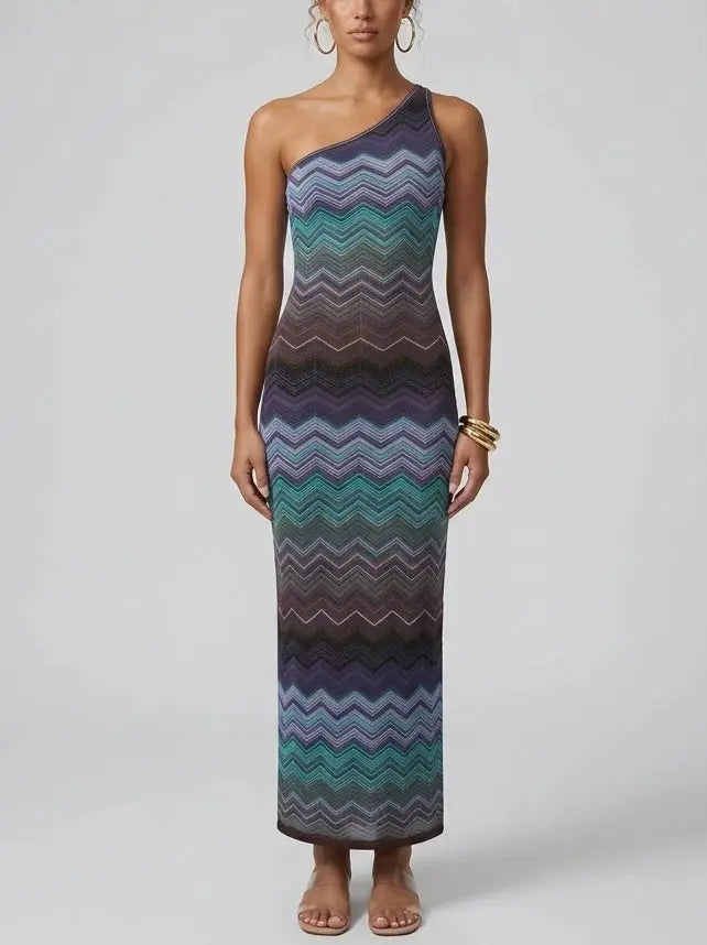 Knit Multicolor Zig Zag Stripe Maxi Dress in Dark Tones - S - Dresses