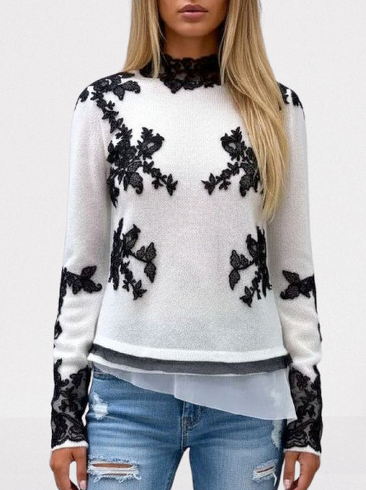 Knit Sweater in White with Black Lace Appliqués