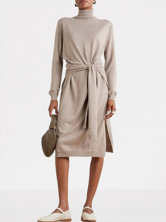 Knit Tie-Waist Turtleneck Midi Dress - Small / Taupe - Dresses