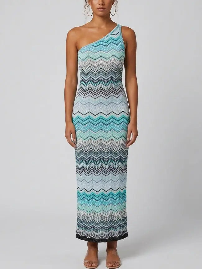 Knit Turquoise Multicolor Zig Zag Stripe Maxi Dress - S - Dresses