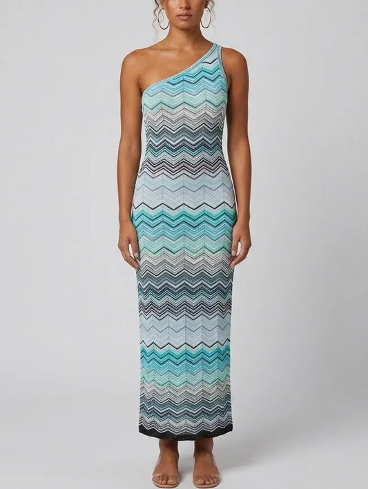 Knit Turquoise Multicolor Zig Zag Stripe Maxi Dress - S - Dresses