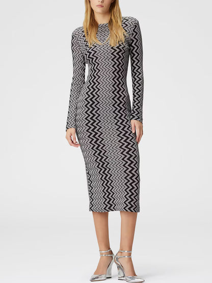 Knit Zig Zag Black and White Long Sleeve Stretch Midi Dress Branna Couture