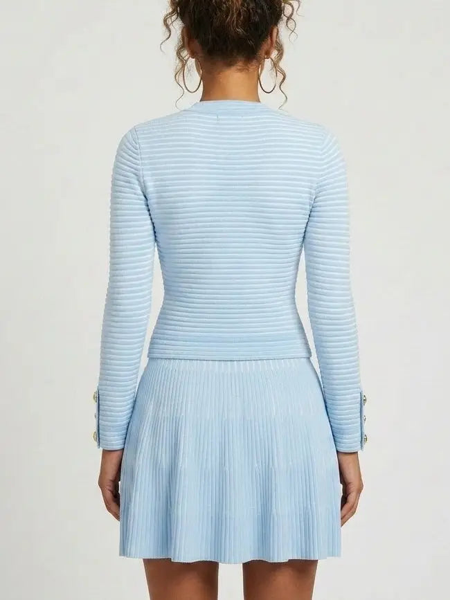 Knit Buttoned Top and Pleated Skirt Set in Light Blue - Suits & Sets