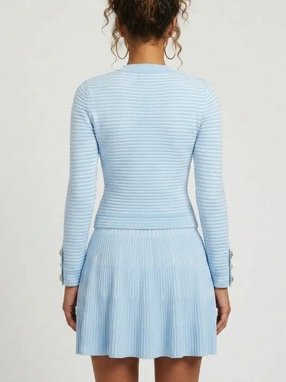 Knit Buttoned Top and Pleated Skirt Set in Light Blue - Suits & Sets