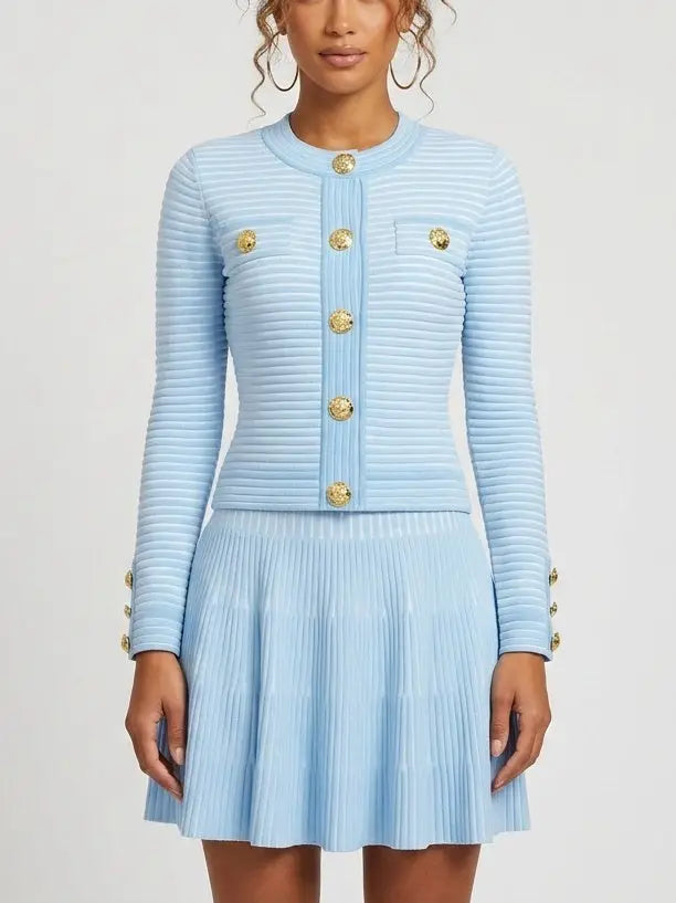 Knit Buttoned Top and Pleated Skirt Set in Light Blue - Suits & Sets