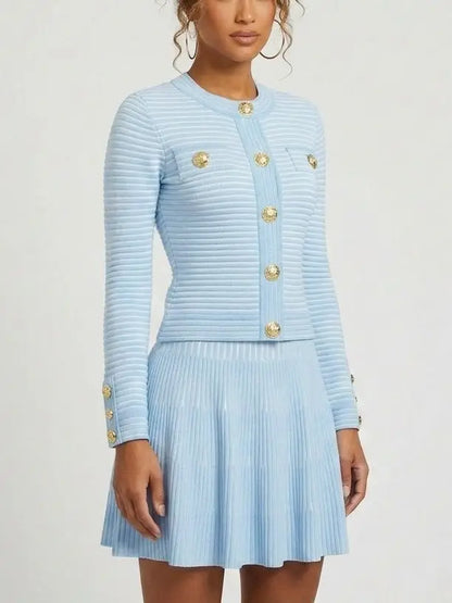 Knit Buttoned Top and Pleated Skirt Set in Light Blue - Suits & Sets