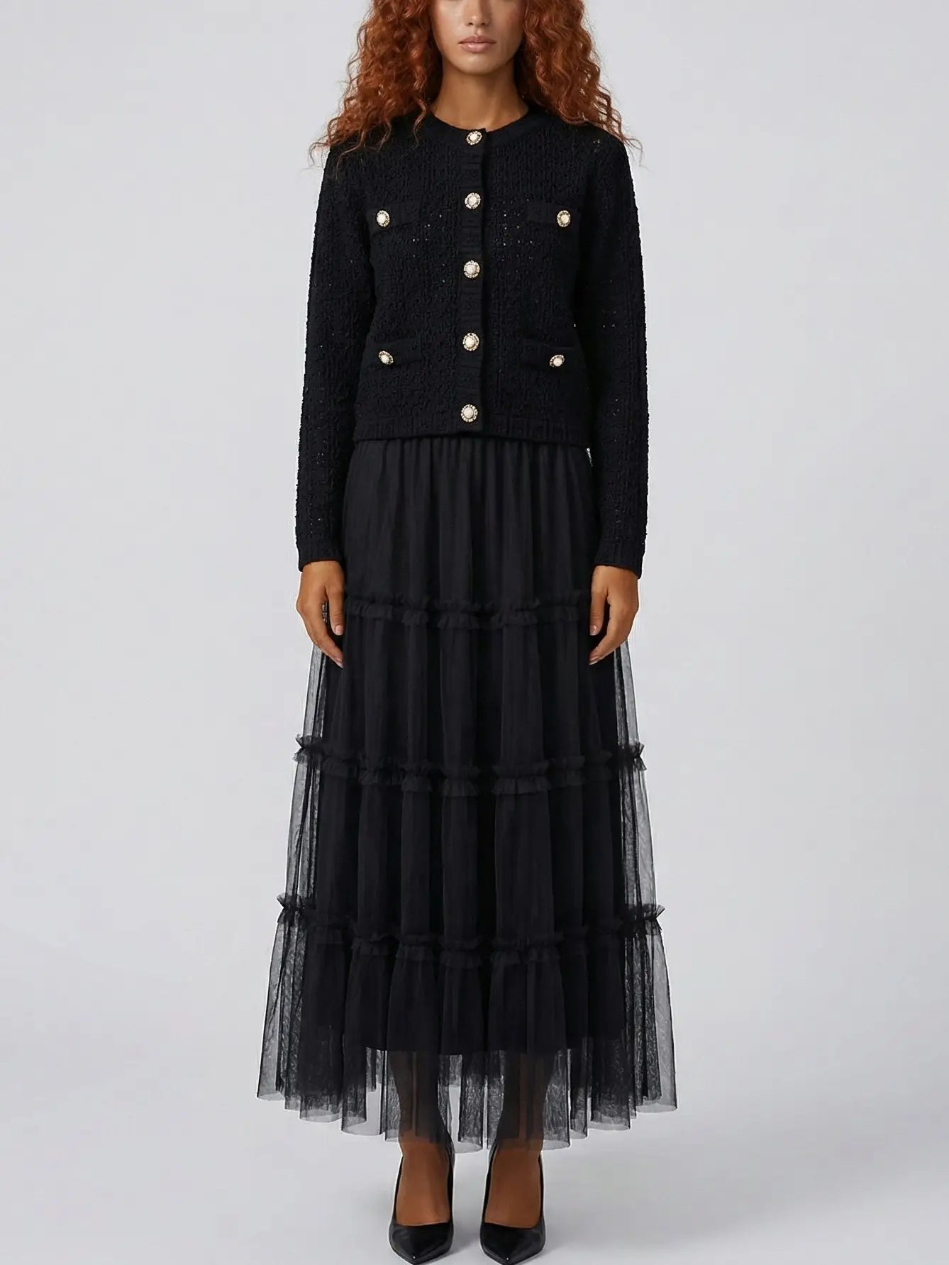 Knit Cardigan and Tiered Tulle Skirt Set - S / Black - Suits & Sets
