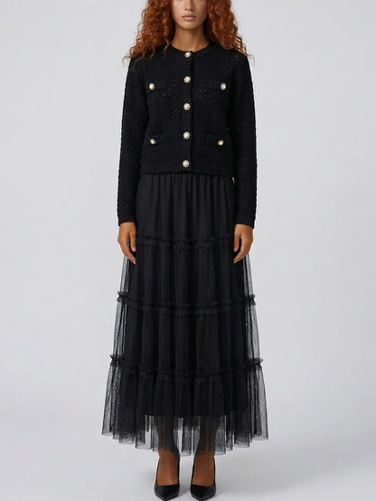 Knit Cardigan and Tiered Tulle Skirt Set - S / Black - Suits & Sets