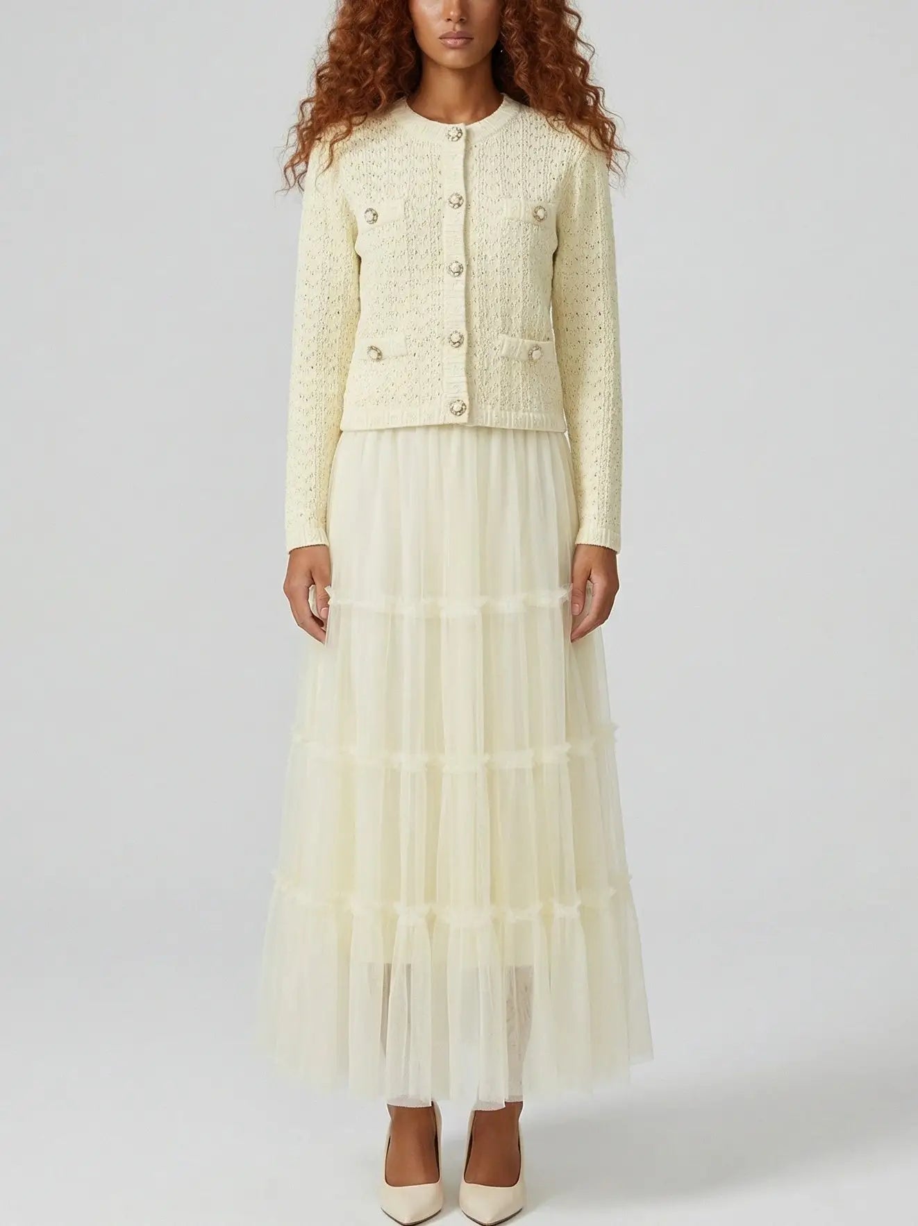 Knit Cardigan and Tiered Tulle Skirt Set - S / Pale Yellow - Suits & Sets