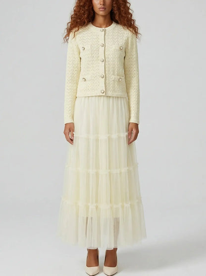 Knit Cardigan and Tiered Tulle Skirt Set - S / Pale Yellow - Suits & Sets