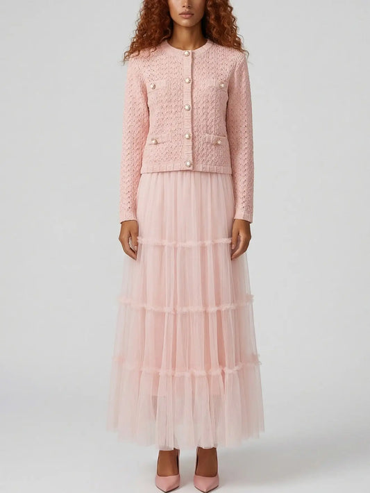 Knit Cardigan and Tiered Tulle Skirt Set - S / Pale Pink - Suits & Sets