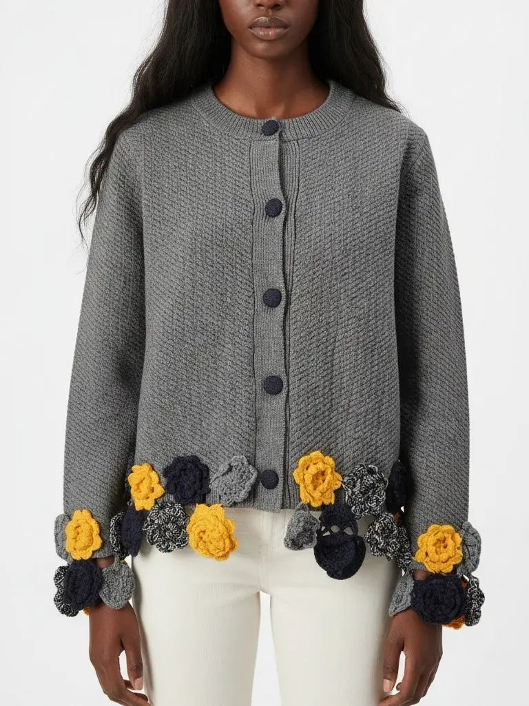 Knit Cardigan with Crocheted Floral Trim - Sweaters & Knitwear