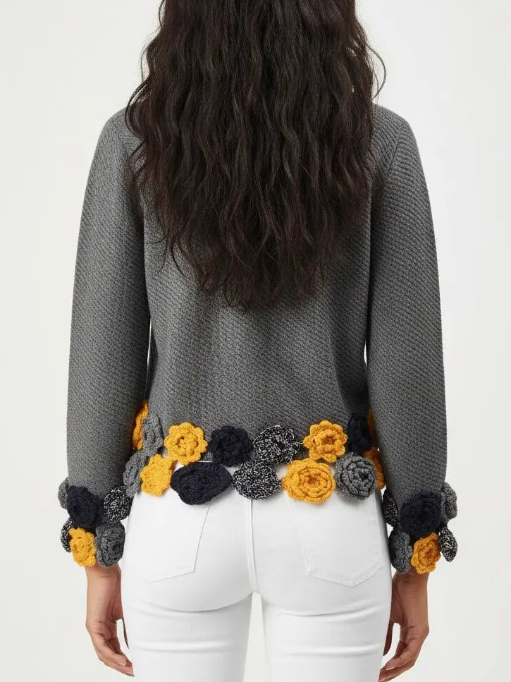 Knit Cardigan with Crocheted Floral Trim - Sweaters & Knitwear