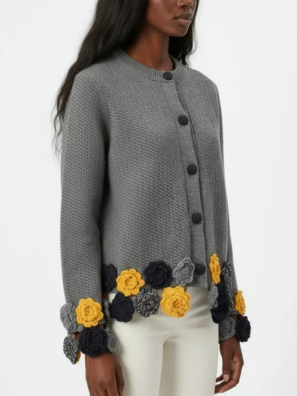 Knit Cardigan with Crocheted Floral Trim - Sweaters & Knitwear