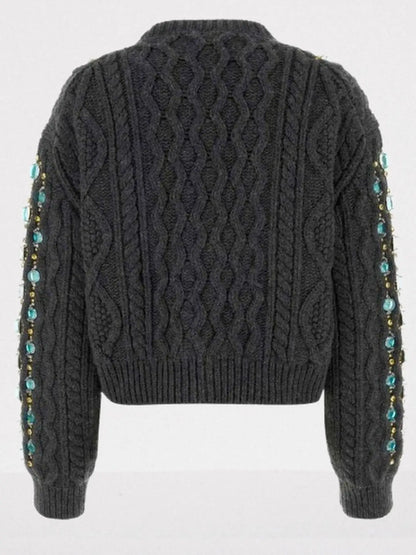 Knit Cardigan with Turquoise Crystal Embellishments - Sweaters & Knitwear