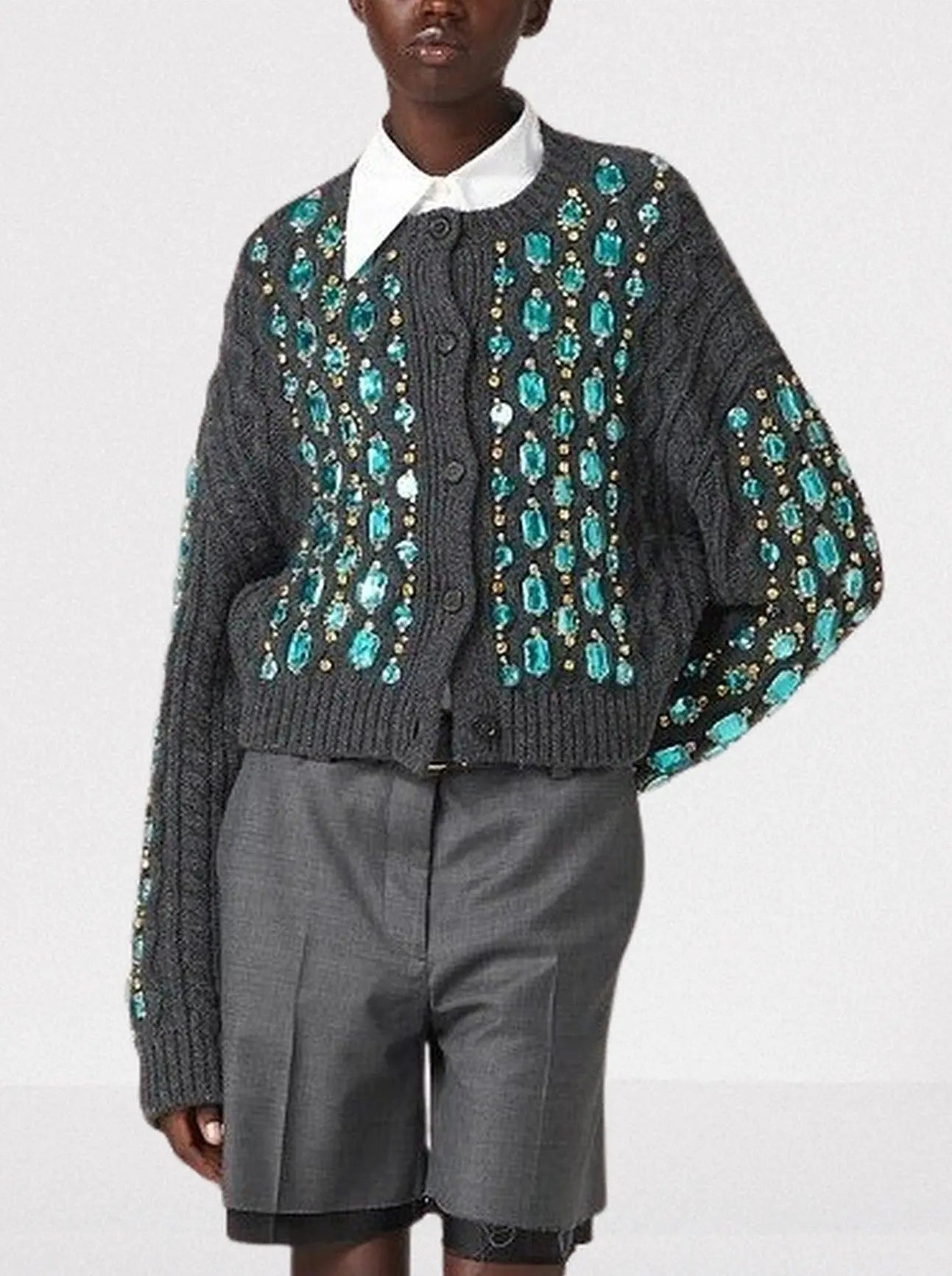 Knit Cardigan with Turquoise Crystal Embellishments - Sweaters & Knitwear