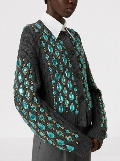 Knit Cardigan with Turquoise Crystal Embellishments - Sweaters & Knitwear