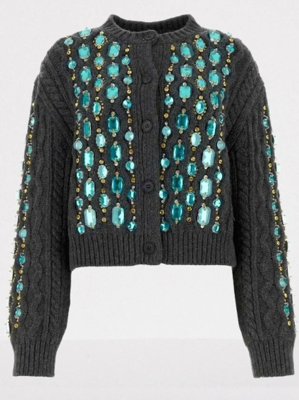 Knit Cardigan with Turquoise Crystal Embellishments - Sweaters & Knitwear