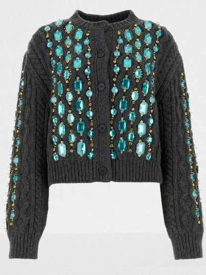 Knit Cardigan with Turquoise Crystal Embellishments - Sweaters & Knitwear