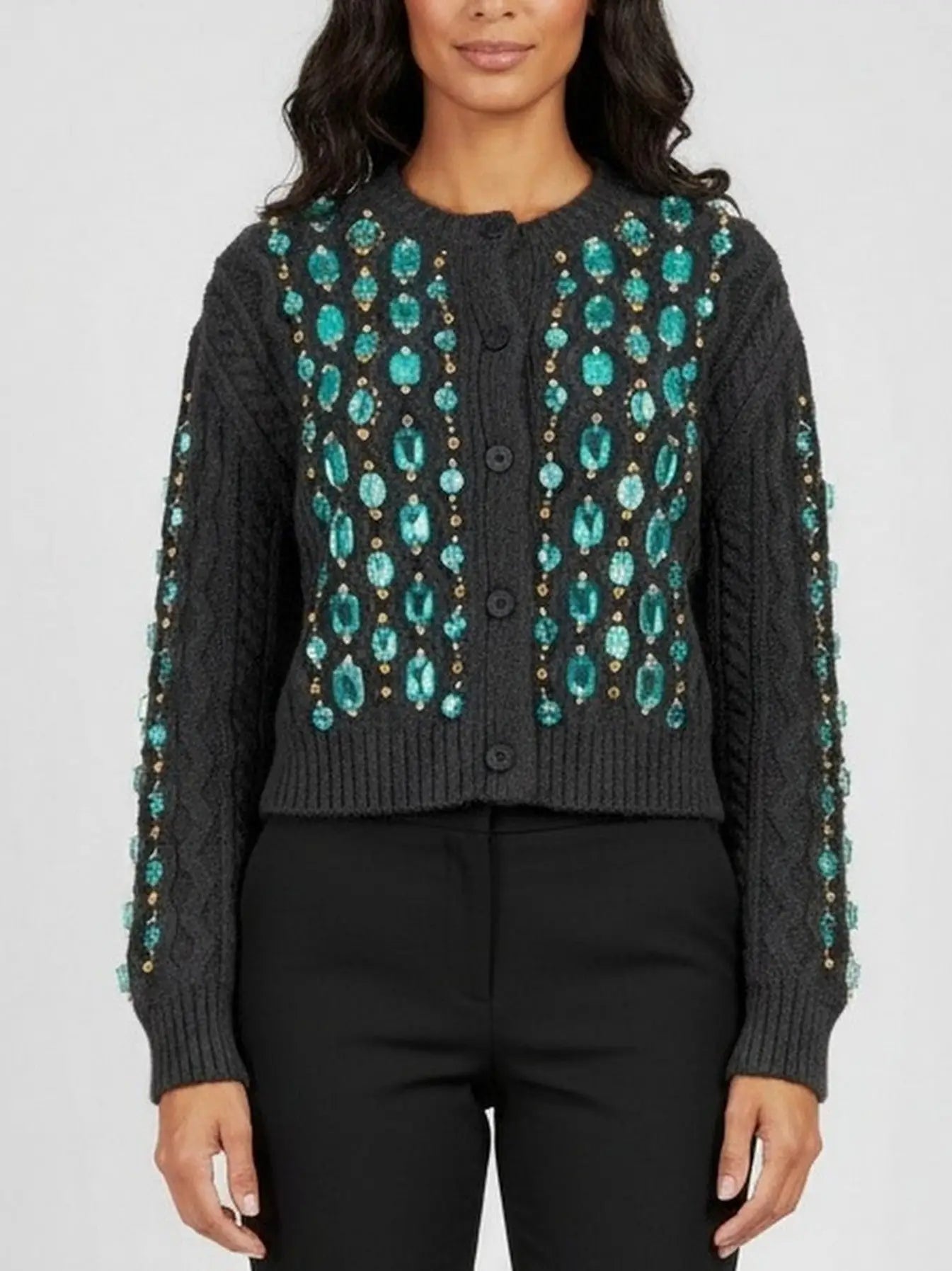 Knit Cardigan with Turquoise Crystal Embellishments - Sweaters & Knitwear
