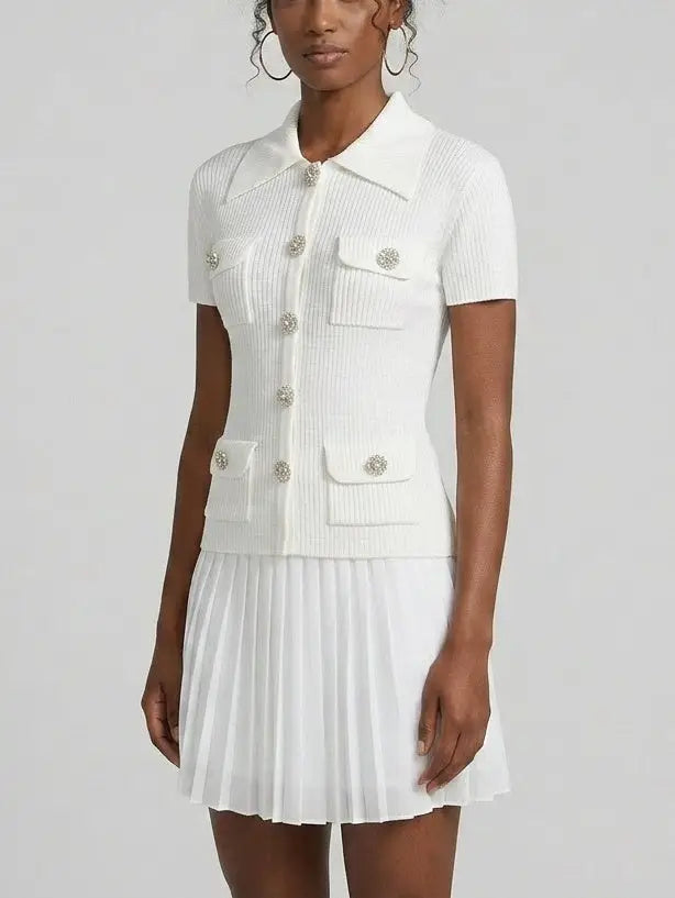Buttoned Tweed 4-Pocket Cardigan Jacket in White with Matching Mini Skirt - Suits & Sets