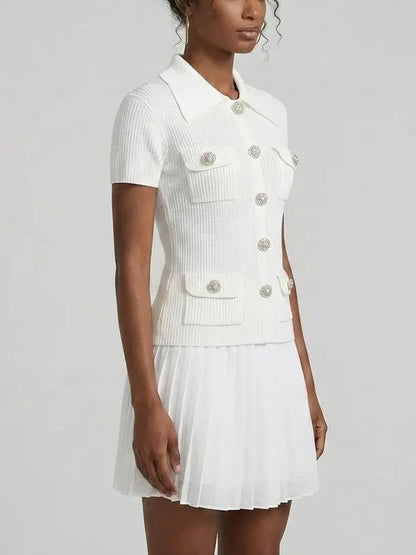 Buttoned Tweed 4-Pocket Cardigan Jacket in White with Matching Mini Skirt - Suits & Sets