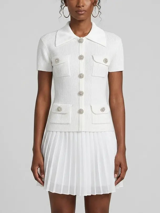 Buttoned Tweed 4-Pocket Cardigan Jacket in White with Matching Mini Skirt - Suits & Sets