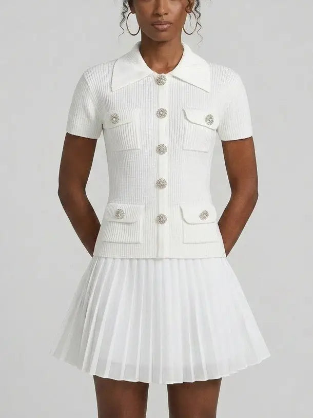 Buttoned Tweed 4-Pocket Cardigan Jacket in White with Matching Mini Skirt - Suits & Sets