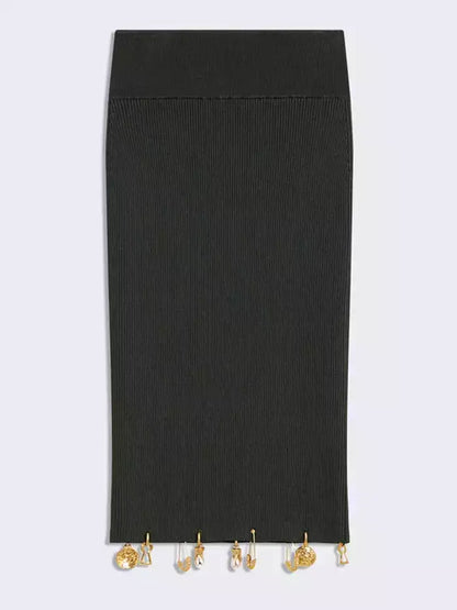 Knit Cropped Sweater and Skirt with Charm Details - Suits & Sets