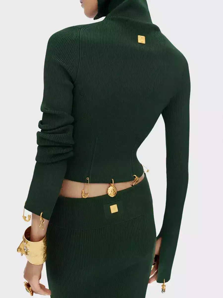 Knit Cropped Sweater and Skirt with Charm Details - Suits & Sets
