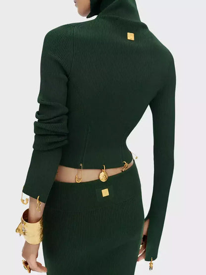 Knit Cropped Sweater and Skirt with Charm Details - Suits & Sets