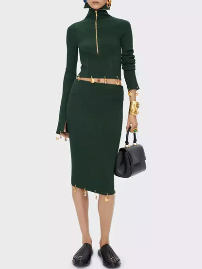 Knit Cropped Sweater and Skirt with Charm Details - Small / Green - Suits & Sets