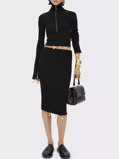 Knit Cropped Sweater and Skirt with Charm Details - Suits & Sets