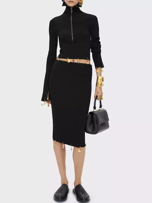 Knit Cropped Sweater and Skirt with Charm Details - Suits & Sets