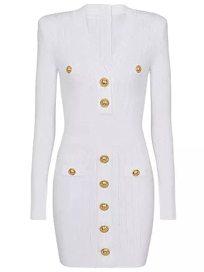 Knit Dress with Gold-Tone Buttons in White