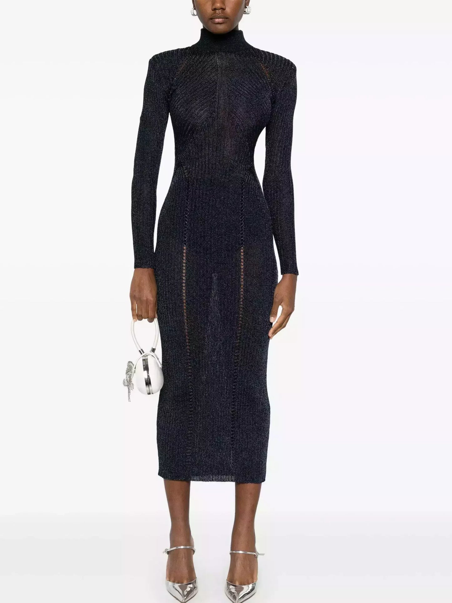 Knit Long-Sleeve High-Neck Sheath Dress - Large / Navy - Dresses