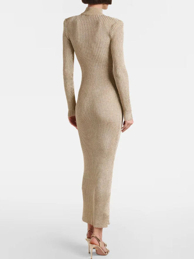 Knit Long-Sleeve High-Neck Sheath Dress - Dresses