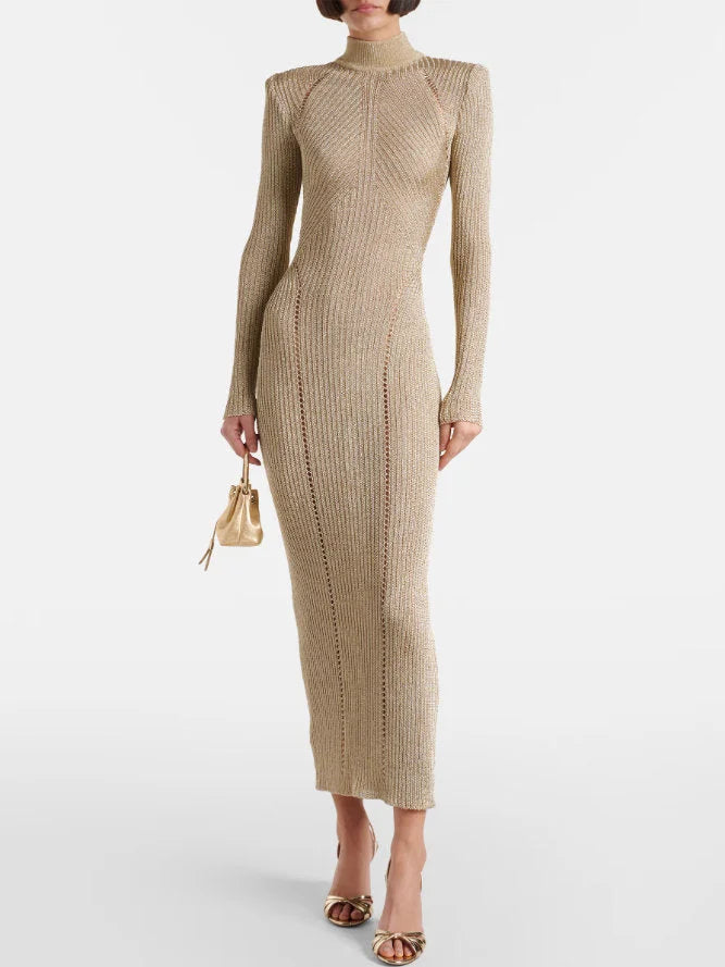 Knit Long-Sleeve High-Neck Sheath Dress - Small / Beige - Dresses