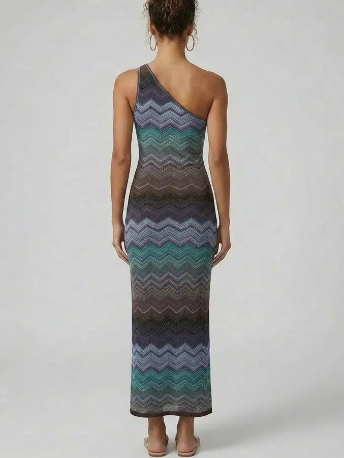 Knit Multicolor Zig Zag Stripe Maxi Dress in Dark Tones - Dresses