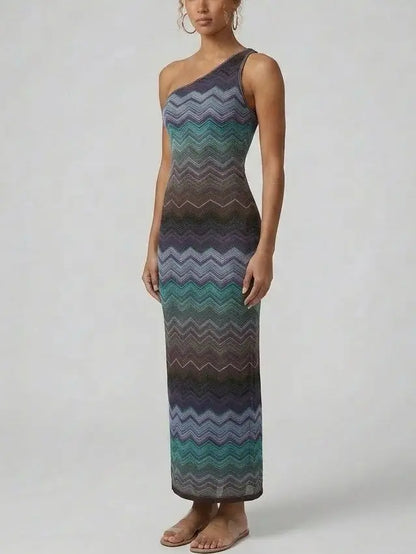 Knit Multicolor Zig Zag Stripe Maxi Dress in Dark Tones - Dresses