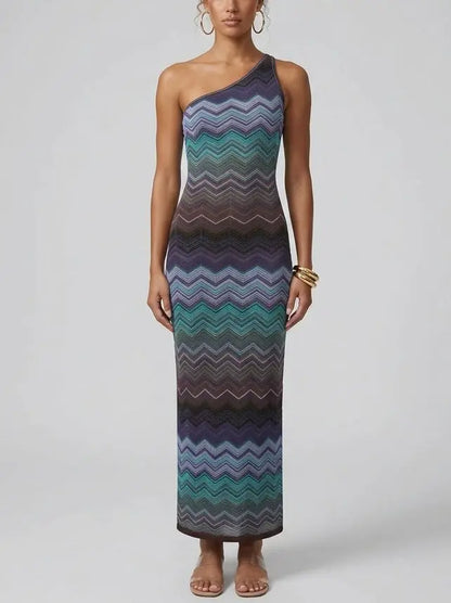 Knit Multicolor Zig Zag Stripe Maxi Dress in Dark Tones - Dresses